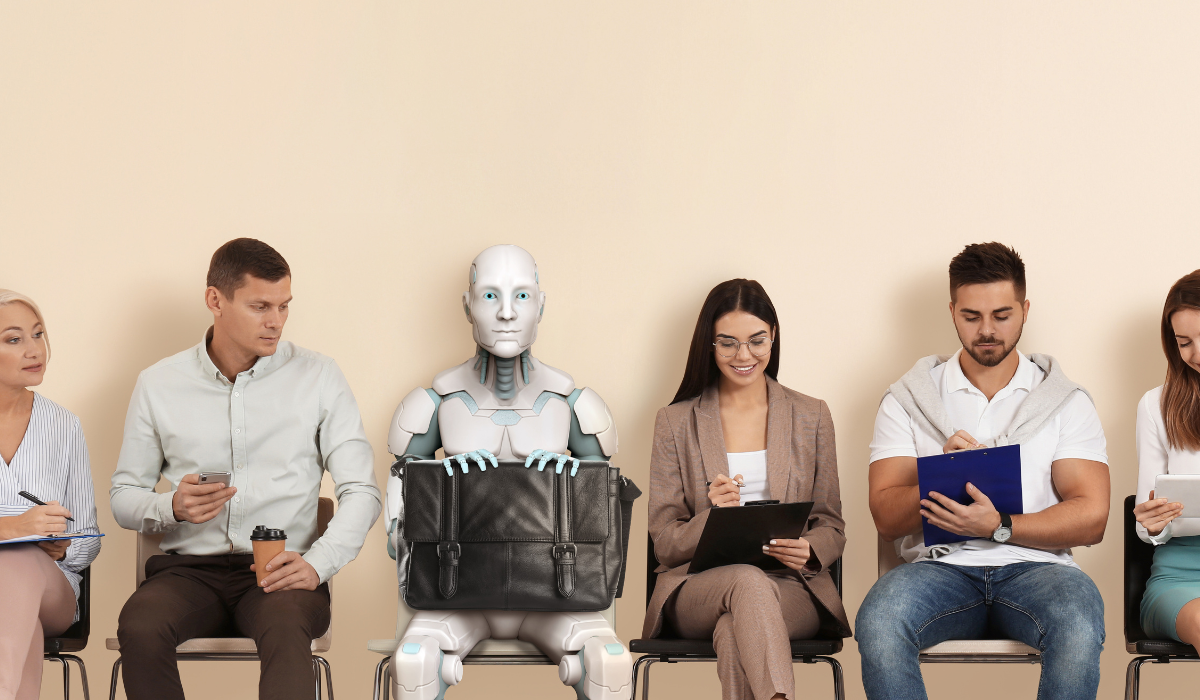 An AI-powered robot holding a briefcase sits among several men and women waiting for a job interview for legal translation services.